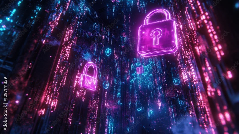 Poster glowing neon padlocks hover in a digital environment, symbolizing data protection and cybersecurity 