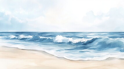 Calm beach watercolor illustration with soft waves and warm sand. Generative AI