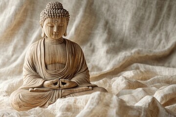 Serene wooden Buddha statue in peaceful meditation pose, sits on beige fabric.