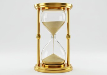 Golden hourglass with sand flowing through isolated on white background