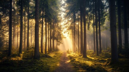 Fototapeta premium Misty Forest at Dawn with Towering Pine Trees and Gentle Fog