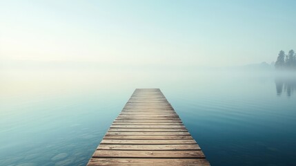 Fototapeta premium Misty Sunrise Pier Stretching Into Calm Lake Water Landscape