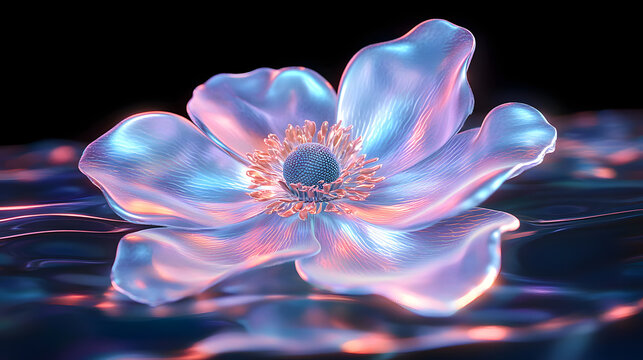 Dreamy Chrome liquid metal isolated Anemone flower element. Windflower 3D render modern design. Isolated holographic futuristic icon. Y2K, brutalism retro futurism