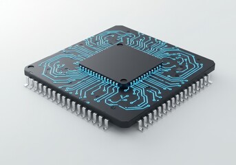 High-tech microchip with glowing circuits isolated on white background