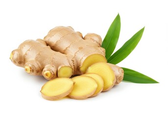 Whole ginger root with slices and fresh green leaves isolated on white background