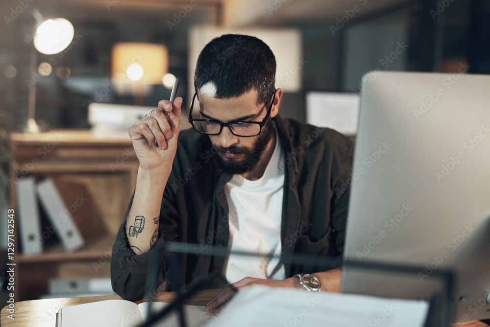 Poster businessman, thinking or night with book on computer for design inspiration or project deadline at o