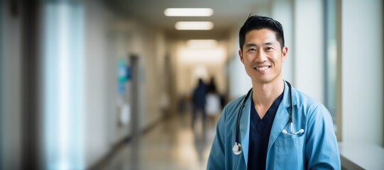 Obraz premium Doctor. Asian Male Doctor in Professional Medical Attire, Confident Healthcare Professional Isolated on Background with Copy Space. Medical Concept with Copy Space.