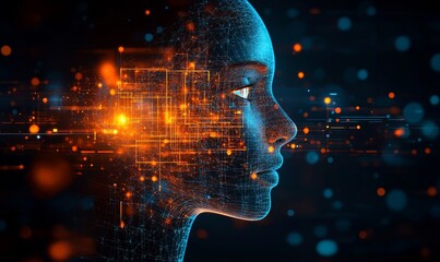 Digital Woman Face Artificial Intelligence Network Technology Abstract Background Orange Blue AI 3D Data Mesh Glow Lines