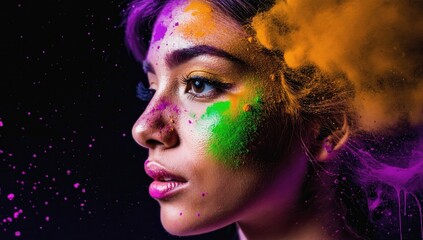 Close-up portrait of a woman with vibrant Holi powder in orange, green, purple, and pink, set against a dark background, symbolizing celebration, beauty, creativity, and cultural expression
