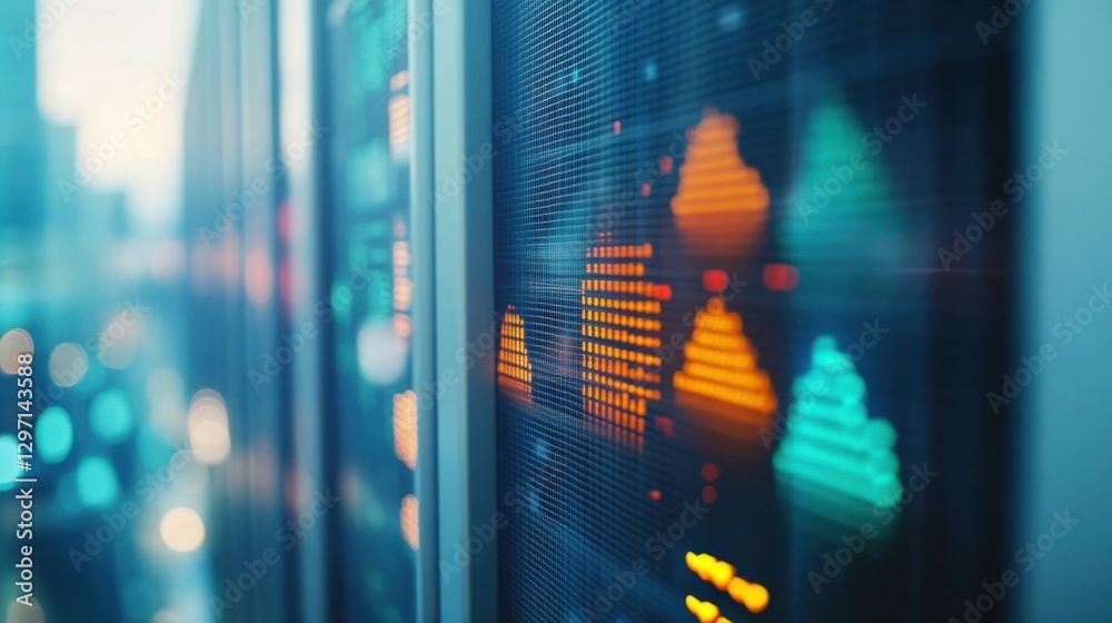 Poster server racks processing big data showing colorful graphs and a blurred cityscape in the background, 