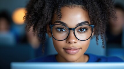 Woman engaged in academic work at university computer station surrounded by collaborative students