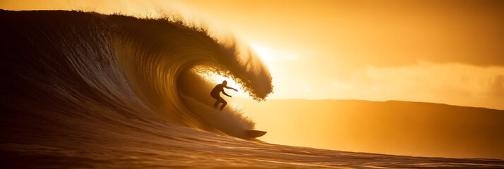 Surfer rides a massive wave at sunset. The sky glows with golden light as the ocean swells, a thrilling display of skill and nature's power.