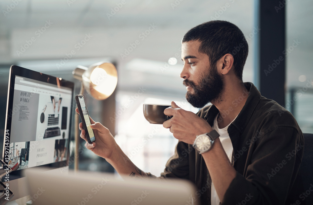 Poster business man, coffee and reading with phone for website test or software development. mobile, drink 