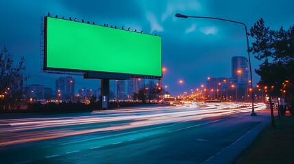 Green Billboard Night City Highway Traffic Lights