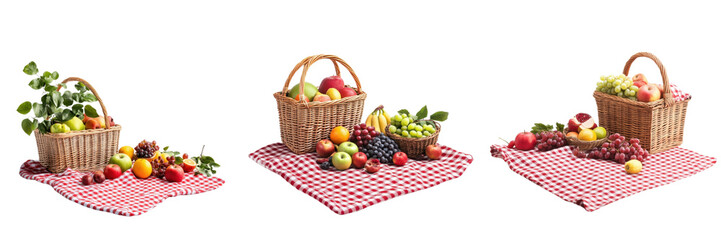 A Set of Cozy Picnic Arrangements with Fresh Fruits and Classic Blankets Isolated on Transparent Background