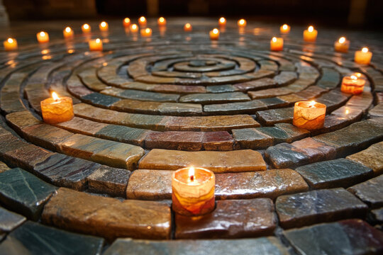 The labyrinth at Chartres Cathedral, intricate and spiritual, serene atmosphere