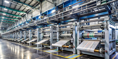 Fototapeta premium High-tech printing machines are in operation, efficiently processing materials in a spacious industrial environment. Workers oversee production in a well-organized setting