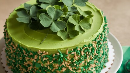 An exquisitely adorned, handcrafted St. Patrick's Day cake featuring green frosting and fresh...
