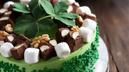 An exquisitely adorned, handcrafted St. Patrick's Day cake featuring green frosting and fresh clover leaves on top, perfect for a lucky party or celebration