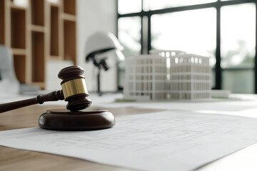 Construction law: Gavel rests on architectural plans, construction model, and hard hat visible in the background, symbolizing legal aspects of building projects.