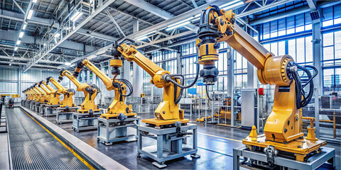 High-tech robotic arms are aligned in a spacious manufacturing area, efficiently handling assembly tasks under bright overhead lighting, showcasing modern automation