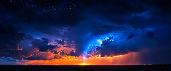 Fototapeta premium Breathtaking sunset with dramatic lighting and vibrant colors illuminating the sky, showcasing purple, orange, and blue hues in a peaceful and serene natural landscape.