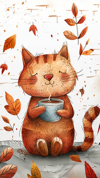 Cute grumpy cat enjoying a cozy coffee moment surrounded by autumn leaves