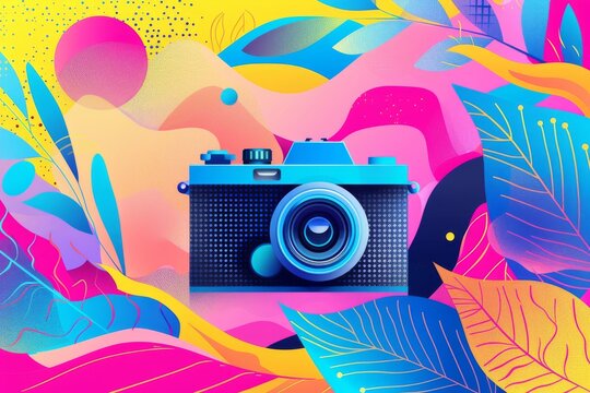 Vibrant abstract blue camera with colorful foliage background