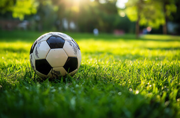 Obraz premium Close-Up of Soccer Ball on Grass Field in the Evening for Outdoor Football Sports Photography