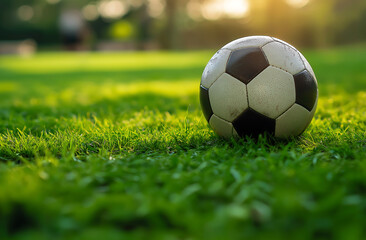 Fototapeta premium Close-Up of Soccer Ball on Grass Field in the Evening for Outdoor Football Sports Photography