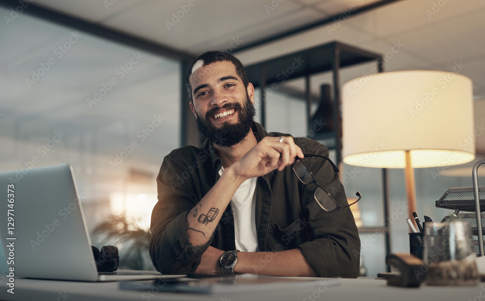 Aufkleber Design, laptop and portrait of programmer man in office at night for coding or computer engineering. Creative, programming and smile with happy employee at desk in workplace for project deadline
