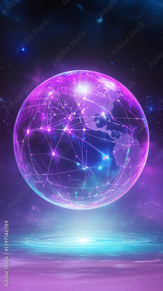 Poster A glowing digital globe with interconnected lines showcasing global connectivity and technology, symbolizing virtual networks, data flow, and futuristic digital world design.