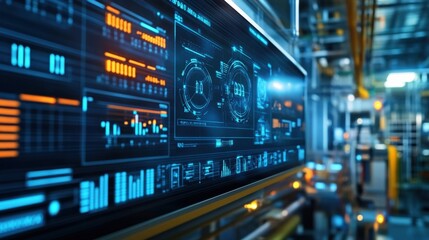 Obraz premium A focus on a vibrant wallmounted display featuring an animated dashboard with dynamic graphs illustrating realtime energy production metrics along with a virtual assistant projected