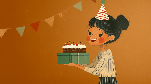 Birthday girl smiles while holding a chocolate cake with colorful decorations in a festive setting