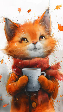 Cute cat expressing anger while drinking coffee in a cozy autumn setting