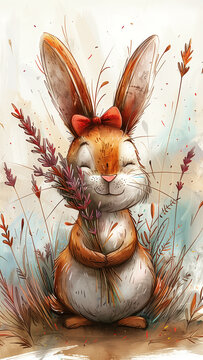 Cute white rabbit joyfully holds a bouquet while enjoying a sunny day in the meadow