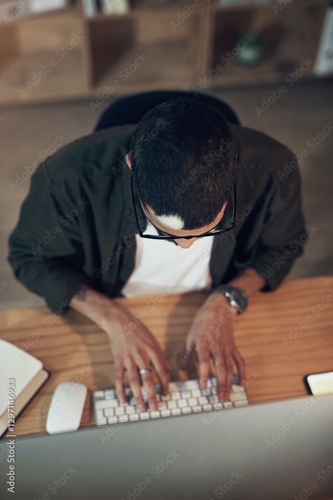 Poster Computer, typing and web design with man in office for coding or programming deadline from above. Business, desktop and engineering with programmer employee in creative workplace for overtime