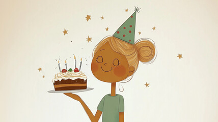 Cute birthday girl celebrating with chocolate cake and party hat in joyful atmosphere