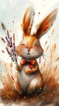 Cute white rabbit enjoys a bouquet in a whimsical field of flowers surrounded by nature