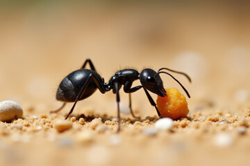 A black ant carrying a small crumb on sandy ground with tiny pebbles against a natural sunlight background with copy space.
