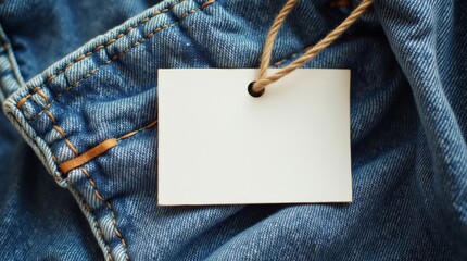 Blank label available for content placement, on jeans fabric. Top view and copy space.