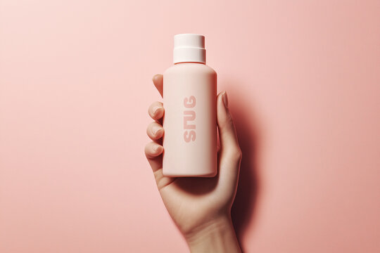 Hand holding sunscreen bottle on light pink background during summer day for skincare routine