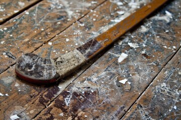 Broken hockey stick on weathered wooden floor sports equipment indoor close-up