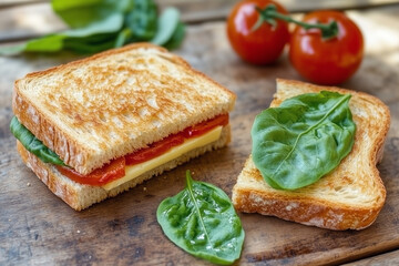 Delicious sandwich with cheese, fresh tomatoes, and spinach on rustic wooden table