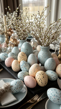 Easter table setting with pastel colored eggs and floral arrangements in a cozy home setting