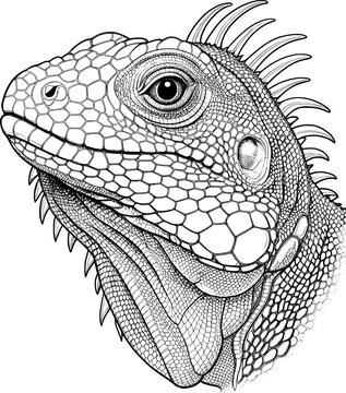 detailed black and white iguana portrait clip art preview