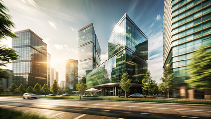 Sleek glass skyscrapers rise in a contemporary urban landscape. Sunlight glints off their surfaces as cars pass, creating dynamic reflections and a lively atmosphere