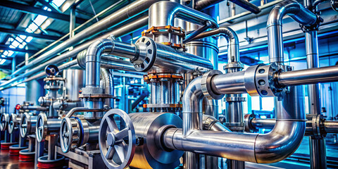 Complex arrangement of metallic pipes and valves showcases the intricate design of a manufacturing facility's infrastructure, emphasizing functionality and efficiency