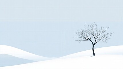 Fototapeta premium Minimalist Winter Scene with Leafless Tree in Snow Field