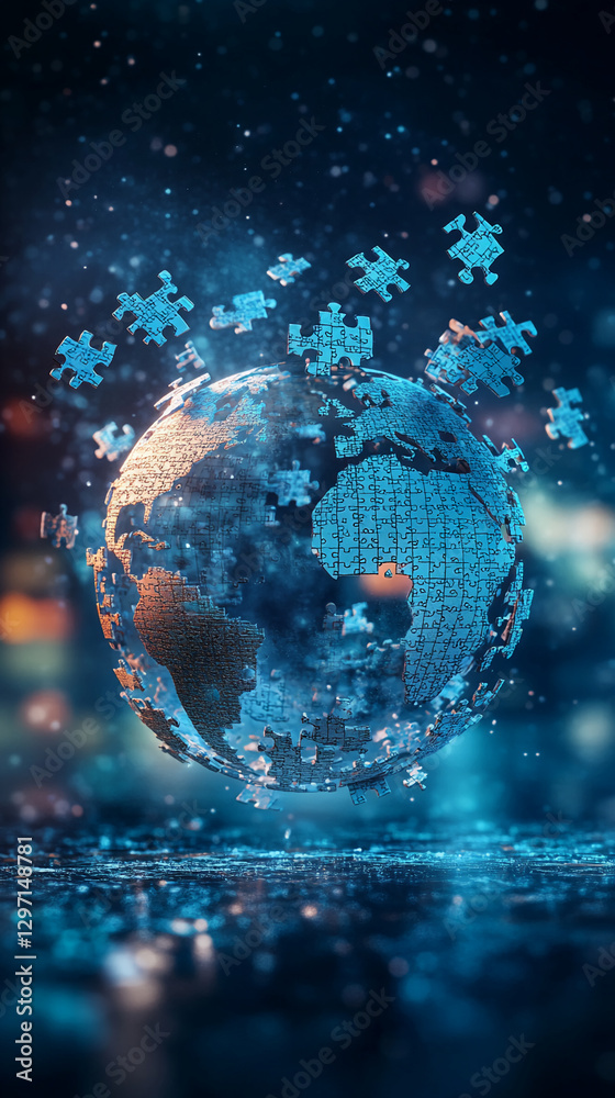 Poster Global world with floating puzzle pieces, representing the concept of connection, challenges, and problem-solving in a digital or global context.